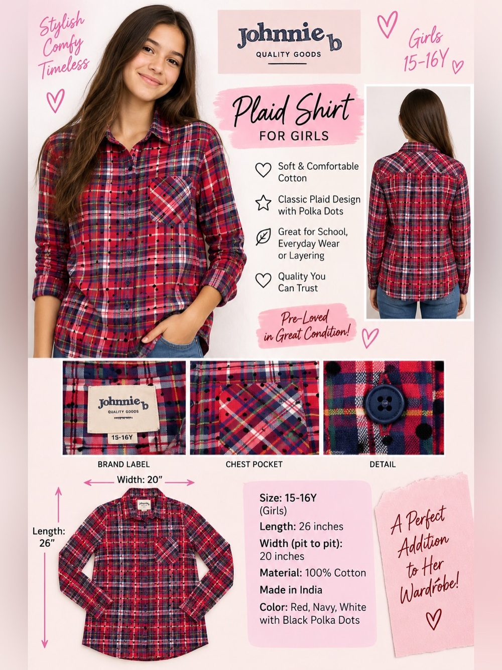 Johnnie b Girls 15-16Y Plaid Polka Dot Button-Up Shirt Long Sleeve 100% Cotton